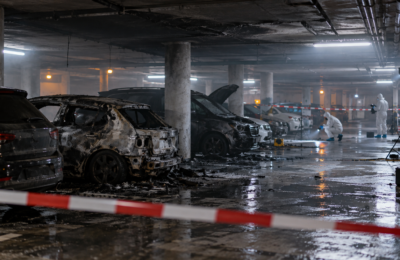 Следователи осматривают повреждённые огнём автомобили в подземном гараже